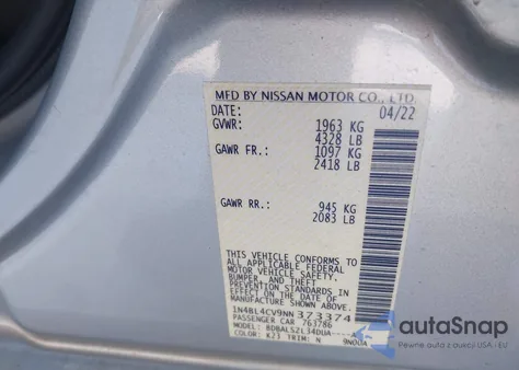 2022 Nissan Altima Sr Fwd из США, поврежденный, VIN 1N4BL4CV9NN373374